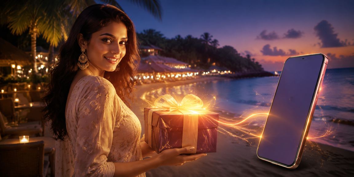 Goa beach scene with sports betting on mobile